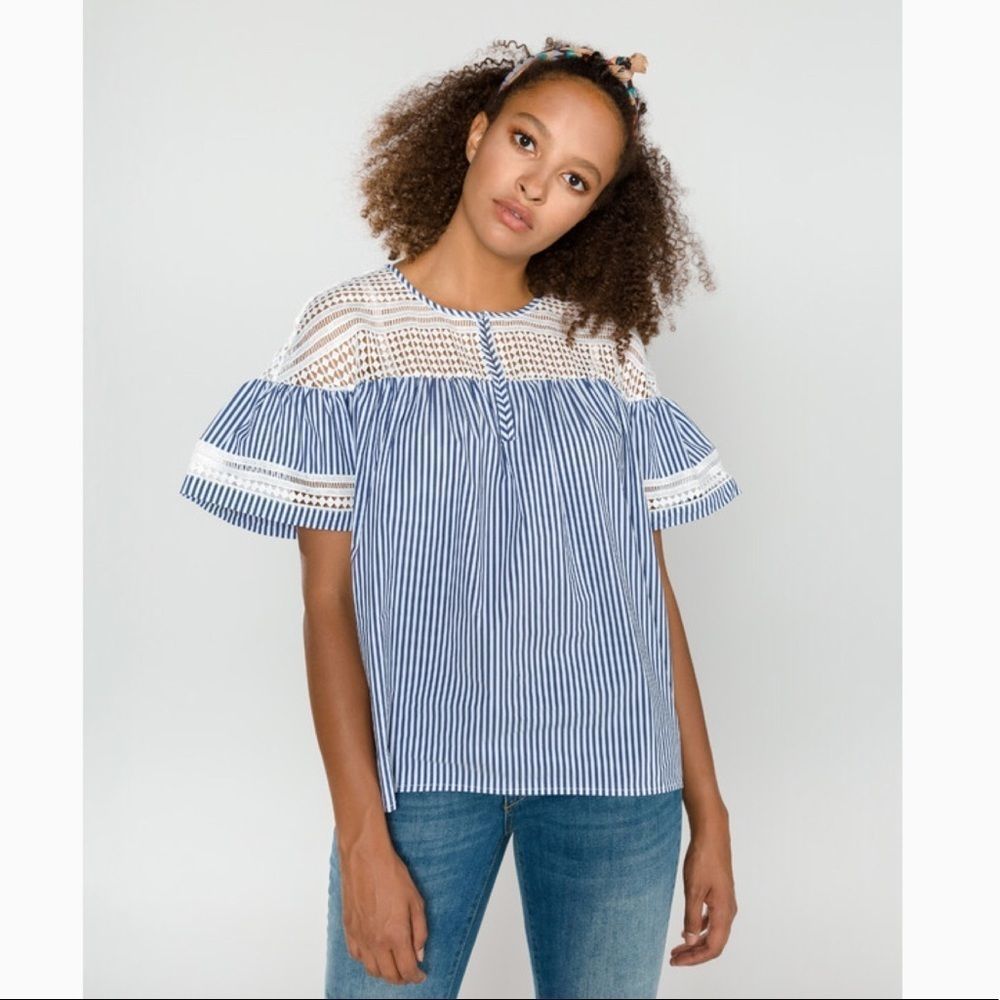 SCOTCH&SODA| Crochet Stripe Bell Sleeve Top - Picture 1 of 11